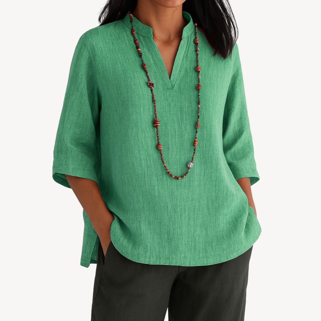 Women's Relaxed-Fit Linen 3/4 Sleeve V-Neck Tunic Blouse