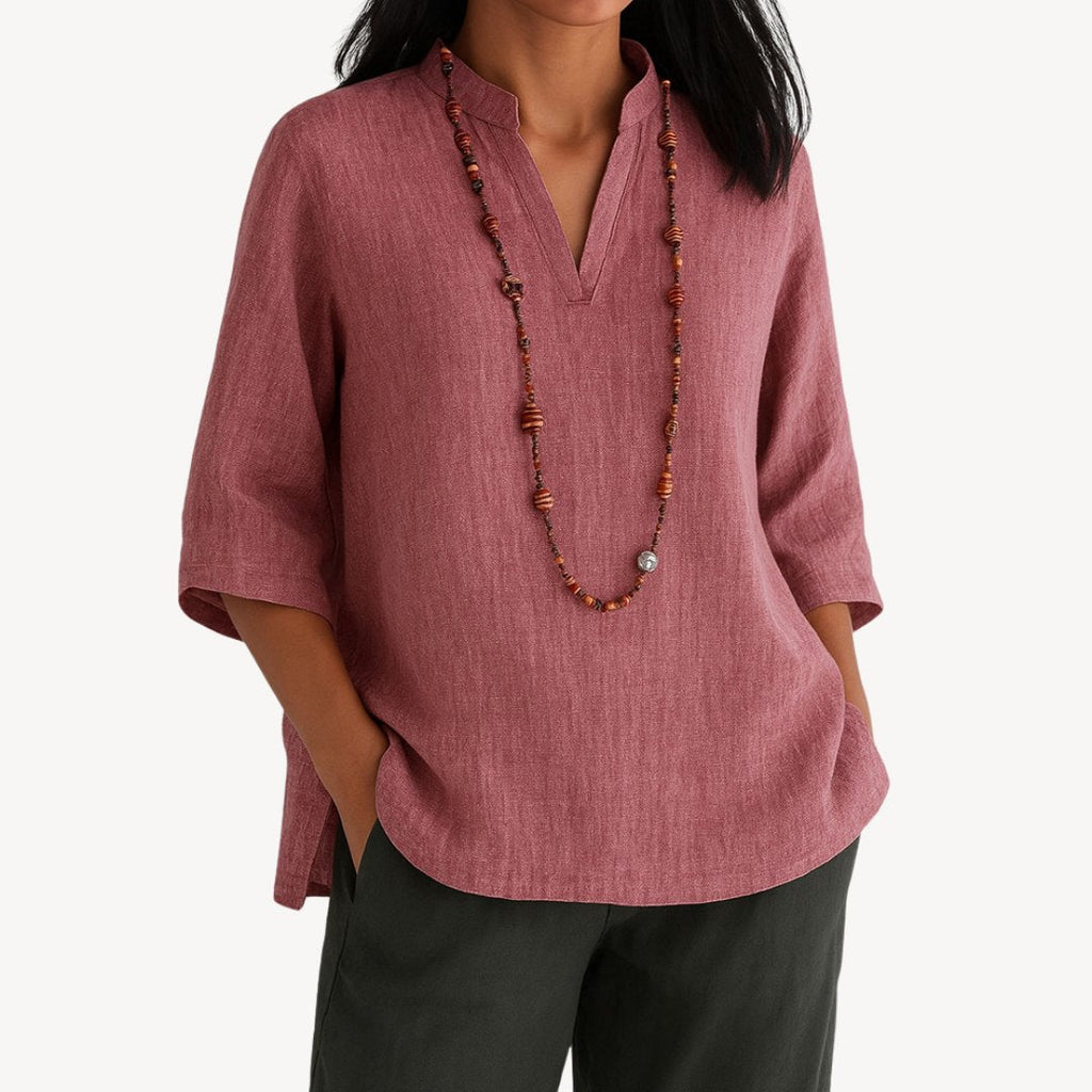 Women's Relaxed-Fit Linen 3/4 Sleeve V-Neck Tunic Blouse