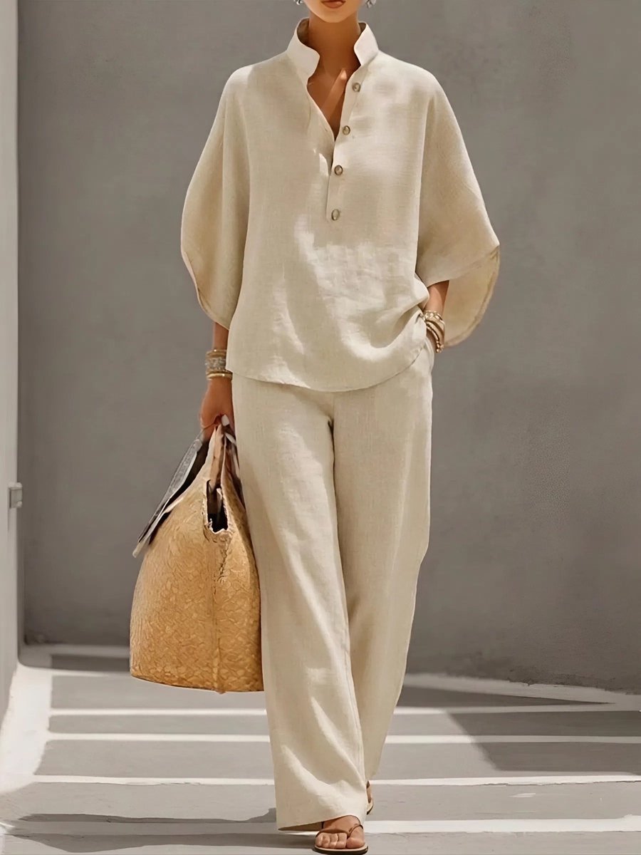Women's Relaxed-Fit Linen Wide-Leg Pants Top 2-Piece Set