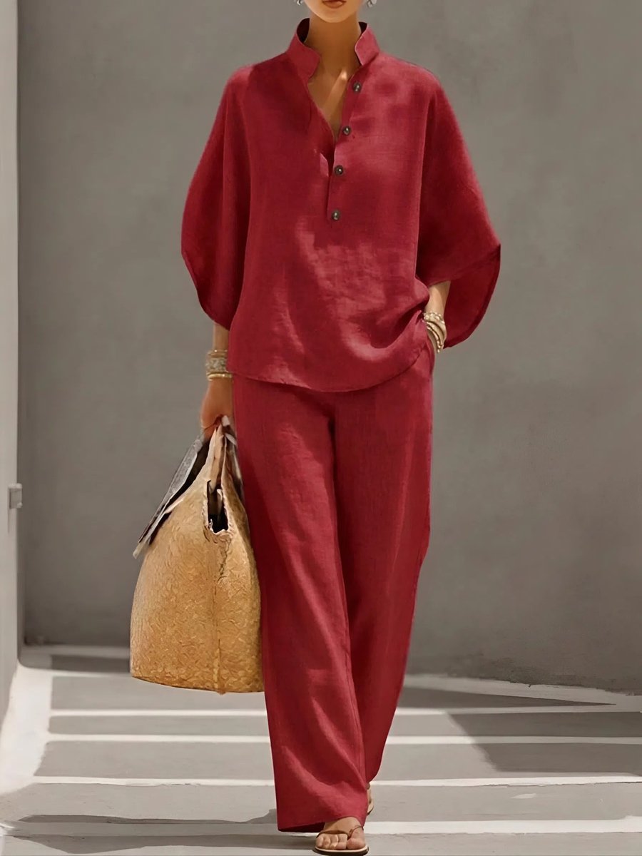 Women's Relaxed-Fit Linen Wide-Leg Pants Top 2-Piece Set