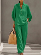 Women's Relaxed-Fit Linen Wide-Leg Pants Top 2-Piece Set