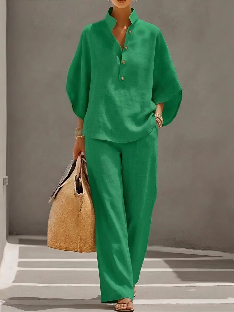 Women's Relaxed-Fit Linen Wide-Leg Pants Top 2-Piece Set