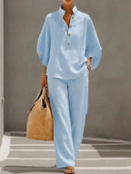 Women's Relaxed-Fit Linen Wide-Leg Pants Top 2-Piece Set