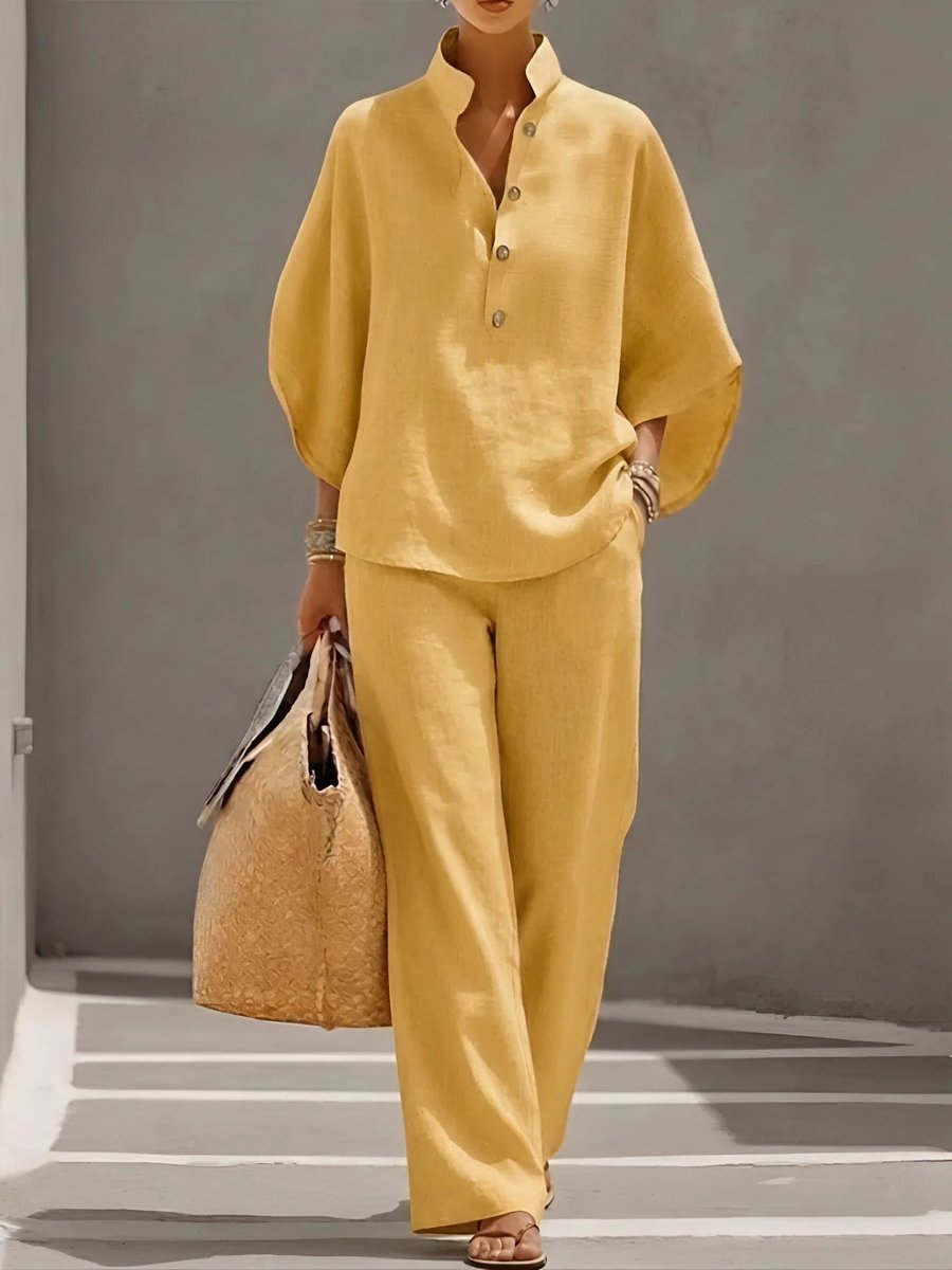 Women's Relaxed-Fit Linen Wide-Leg Pants Top 2-Piece Set