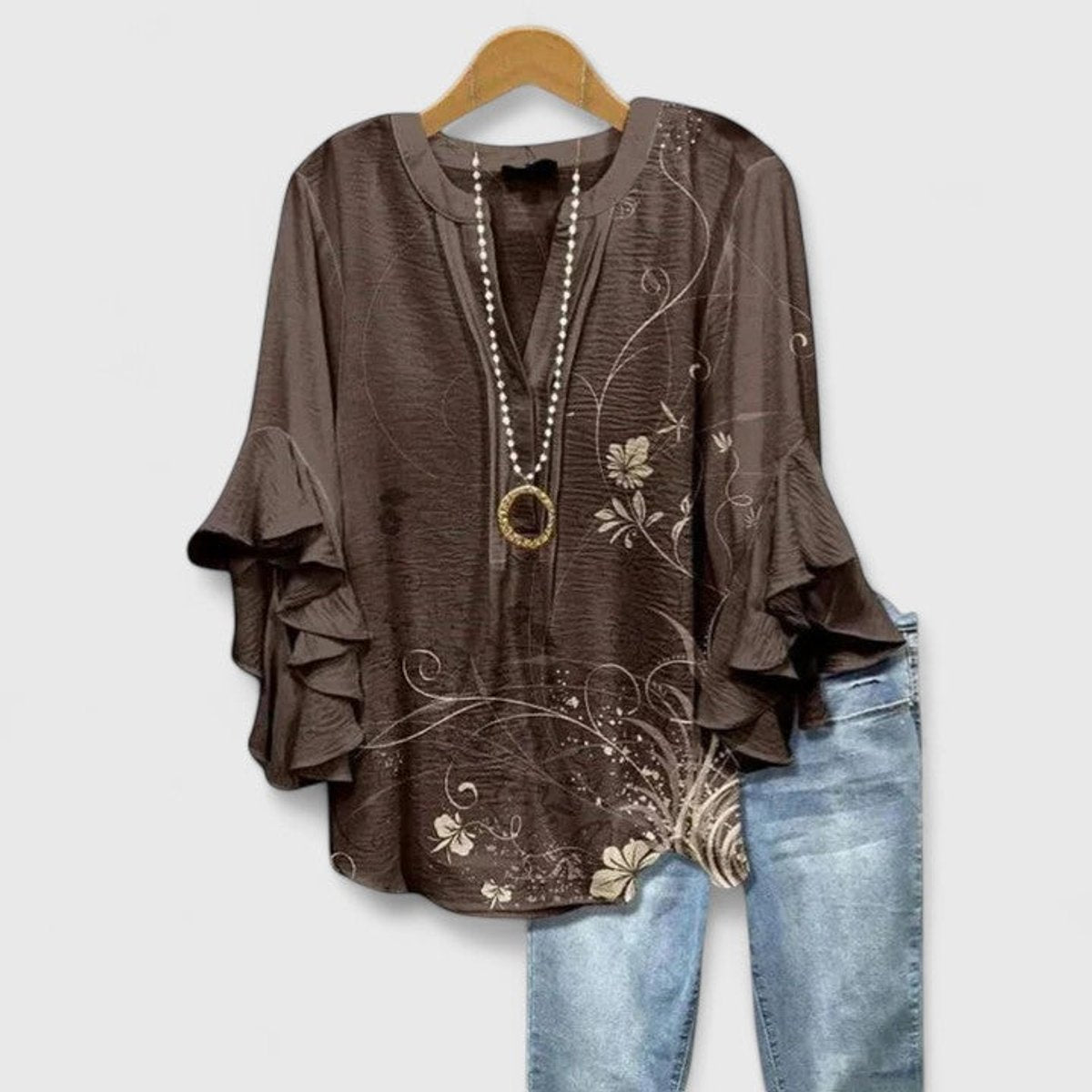 Women's Relaxed-Fit Ruffle-Sleeve Floral Print V-Neck Blouse