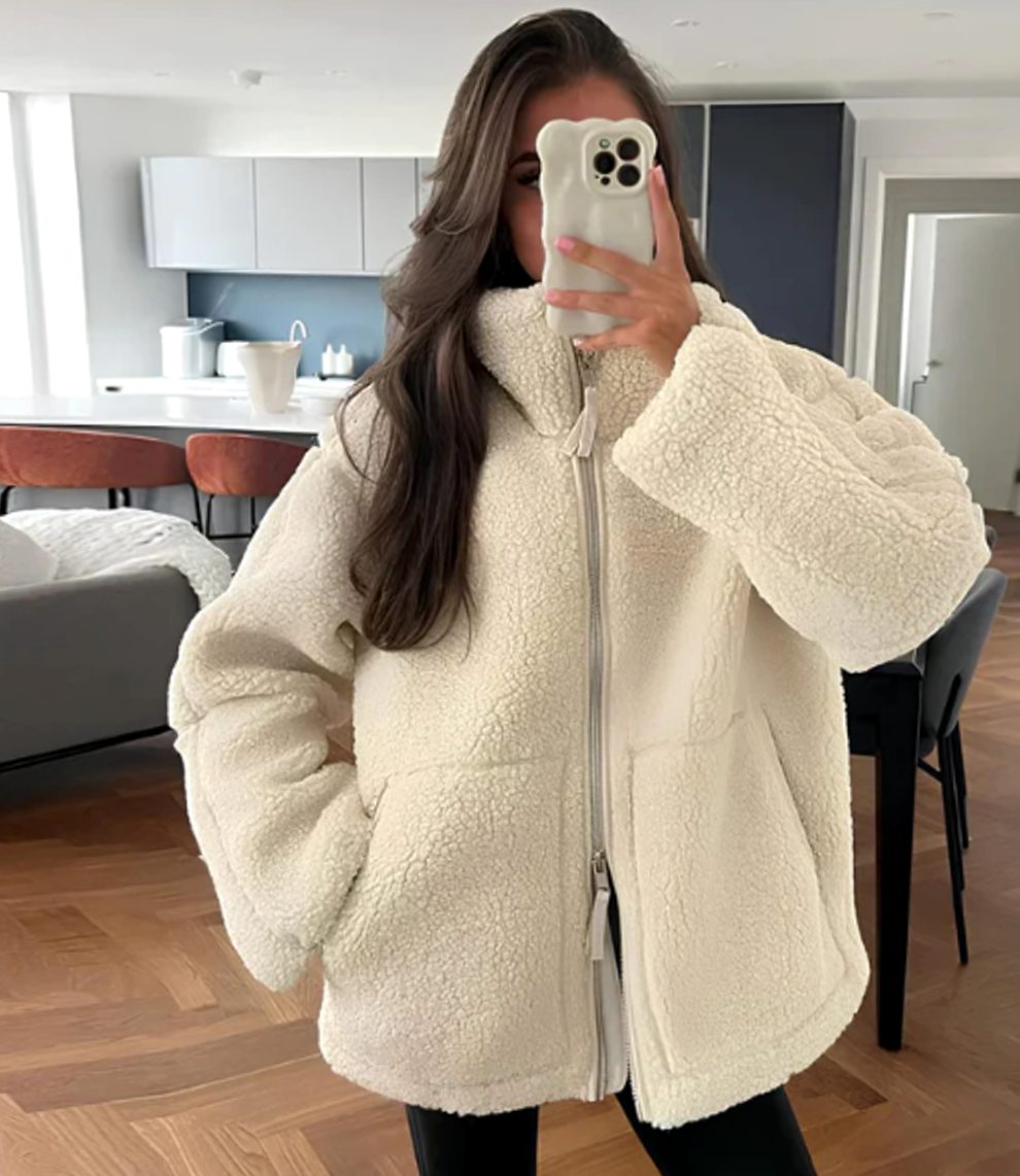 Women's Cozy Teddy Fleece Full-Zip Jacket with Patch Pockets - White