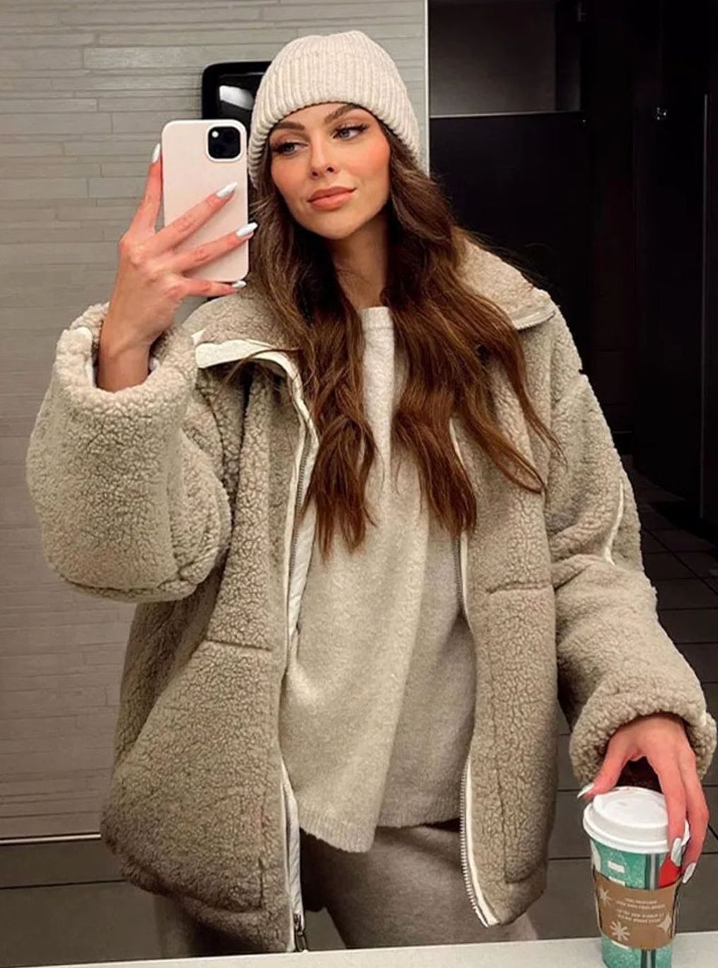Women's Cozy Teddy Fleece Full-Zip Jacket with Patch Pockets - Beige