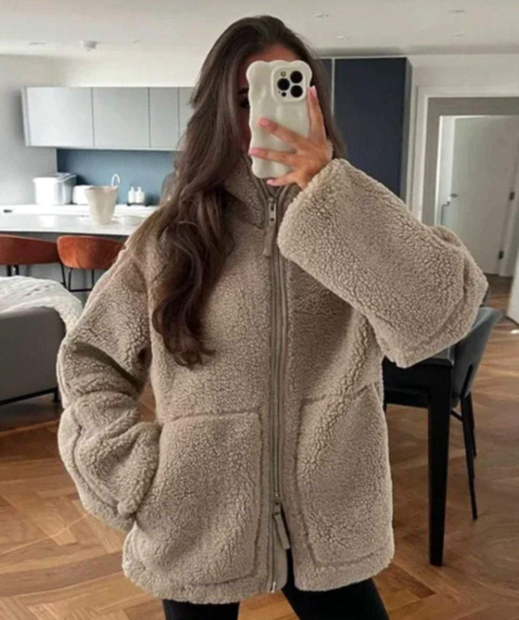 Women's Cozy Teddy Fleece Full-Zip Jacket with Patch Pockets - Bronze
