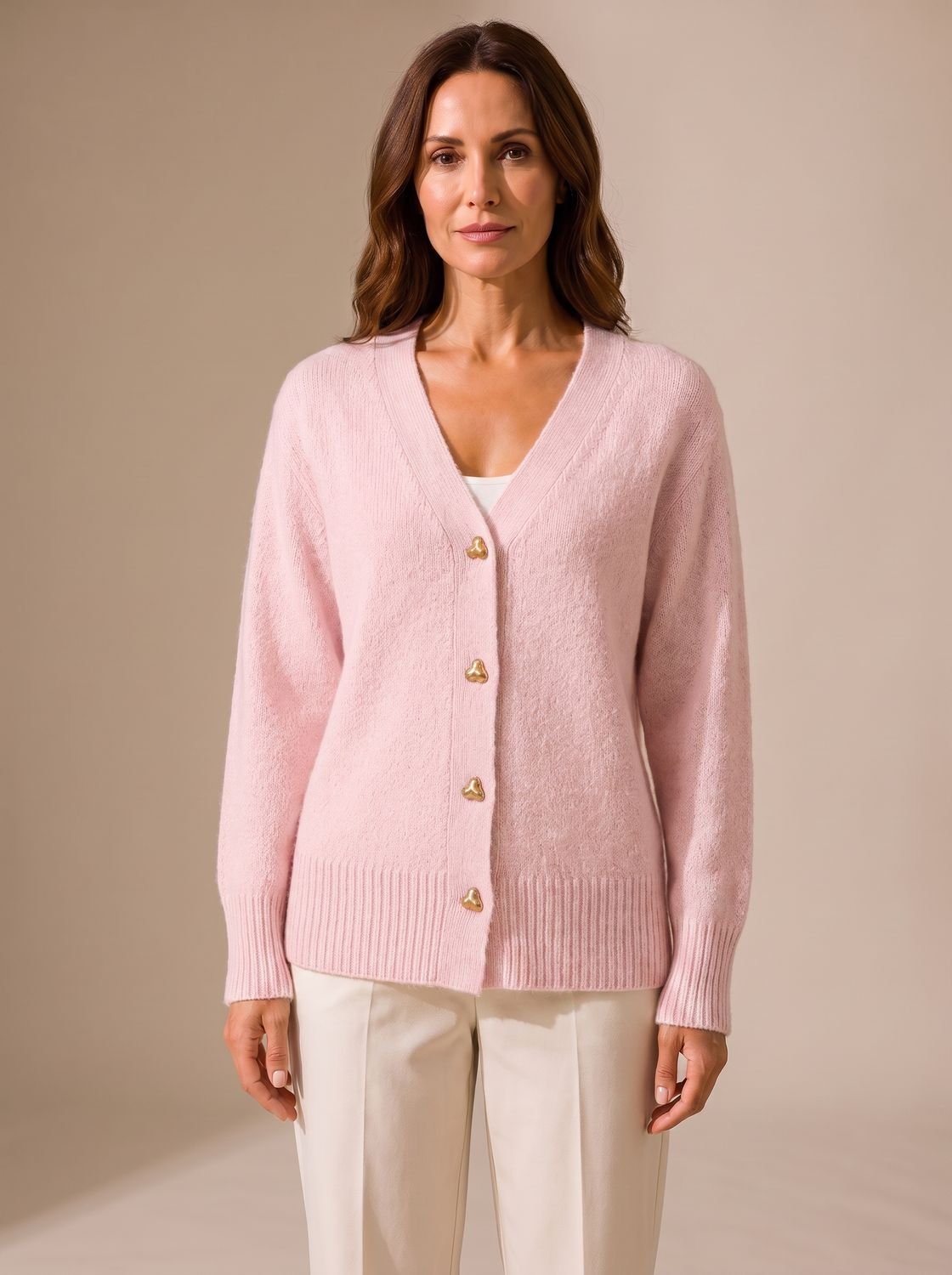 Women's Relaxed-Fit V-Neck Gold Heart-Button Knitwear Cardigan