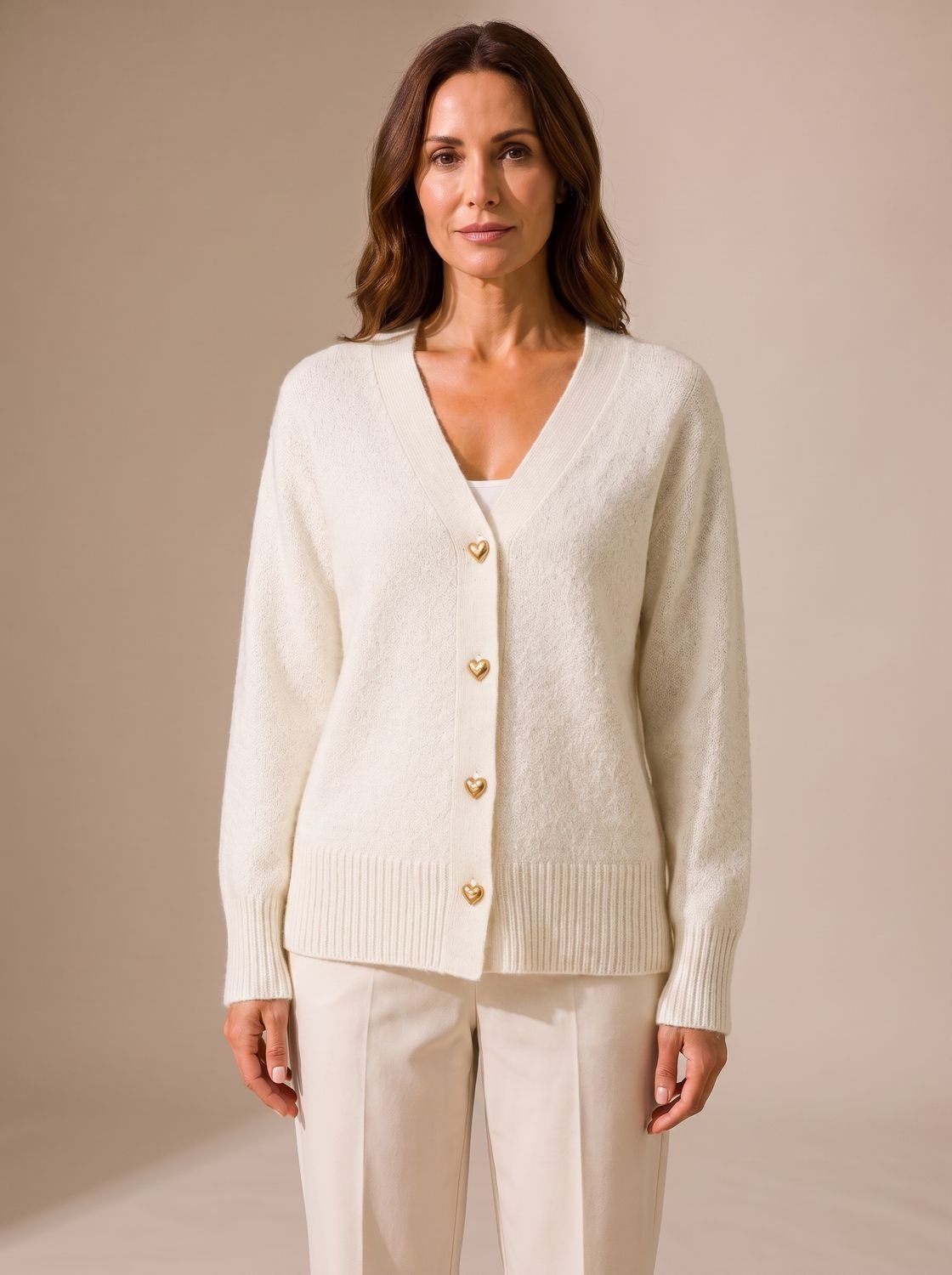 Women's Relaxed-Fit V-Neck Gold Heart-Button Knitwear Cardigan