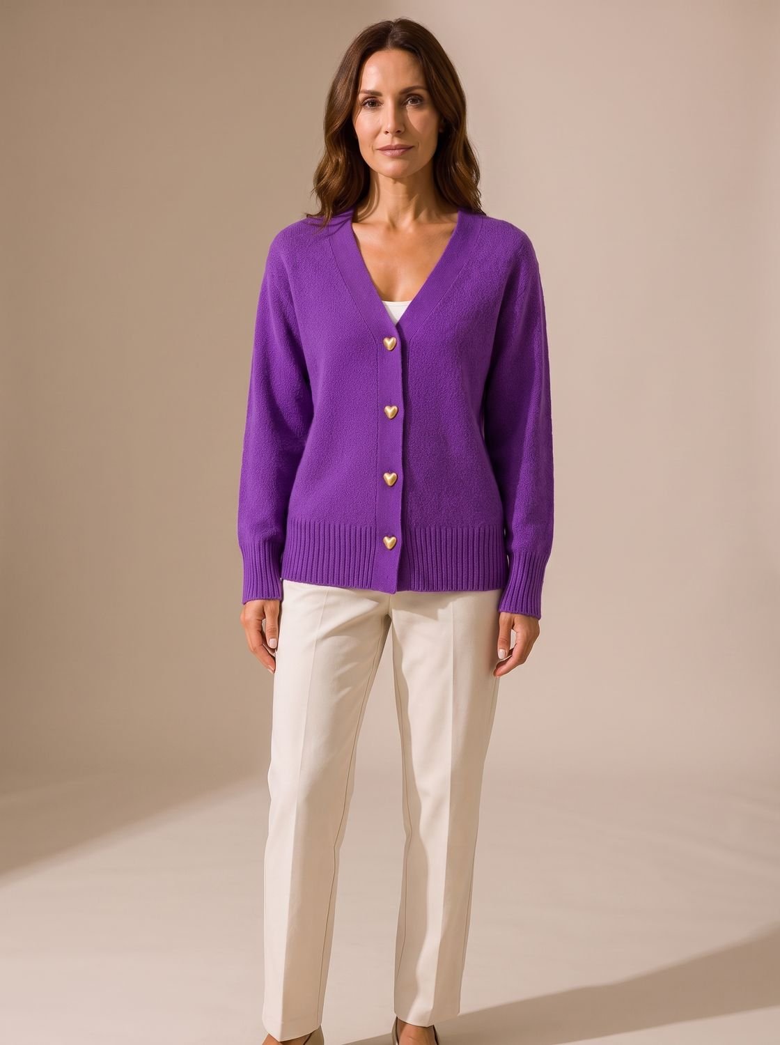Women's Relaxed-Fit V-Neck Gold Heart-Button Knitwear Cardigan