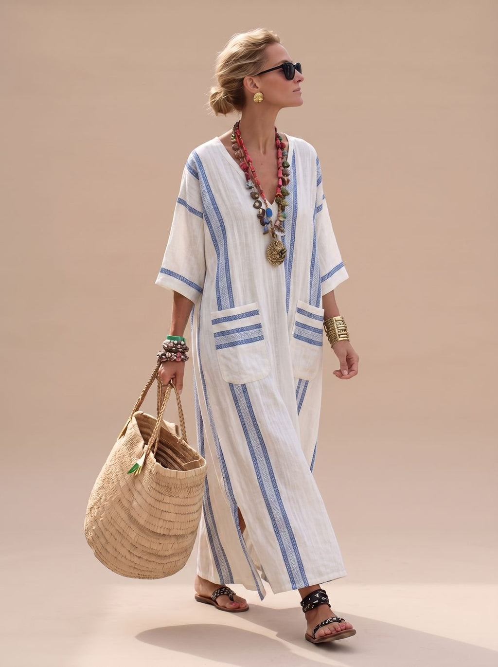 Women's Relaxed-Fit V-Neck Striped Formal Maxi Dress