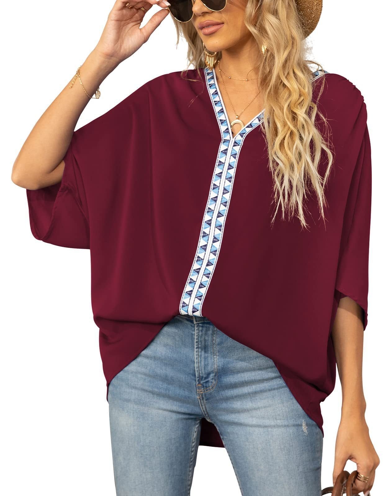 Women's Relaxed V-Neck Geometric Trim Oversized Tunic Top
