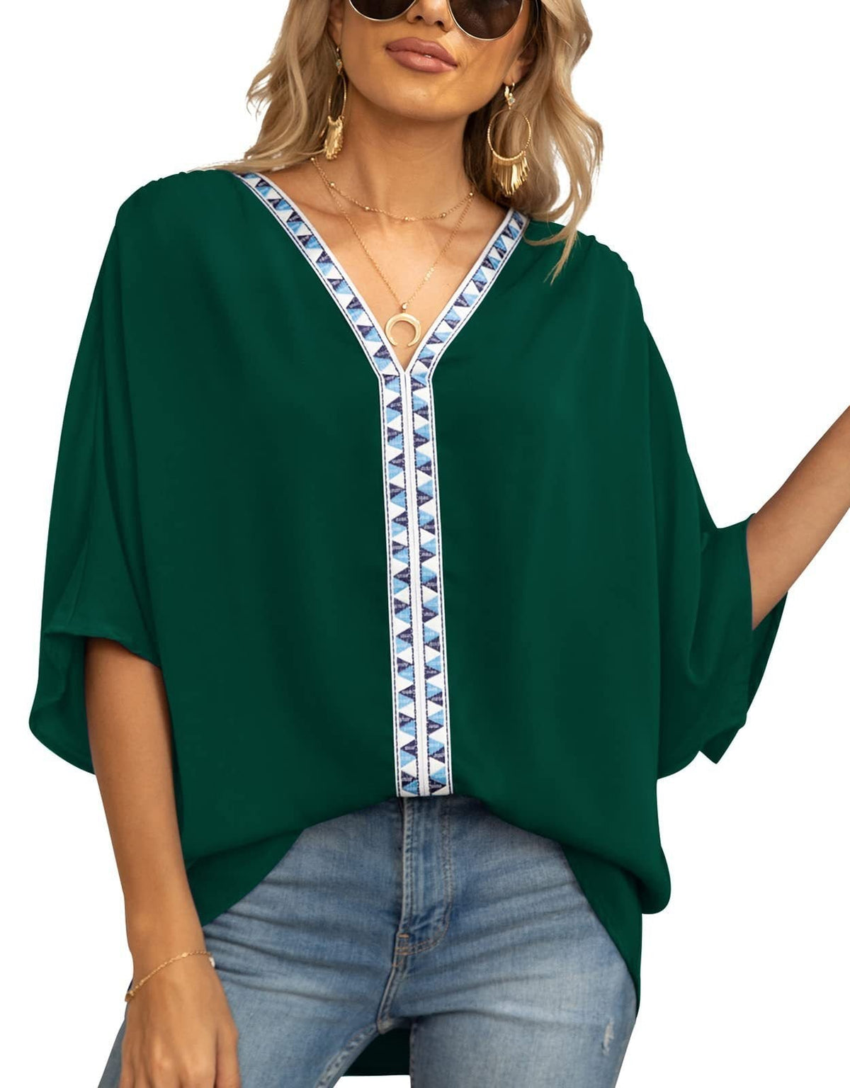 Women's Relaxed V-Neck Geometric Trim Oversized Tunic Top