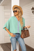Women's Relaxed V-Neck Geometric Trim Oversized Tunic Top