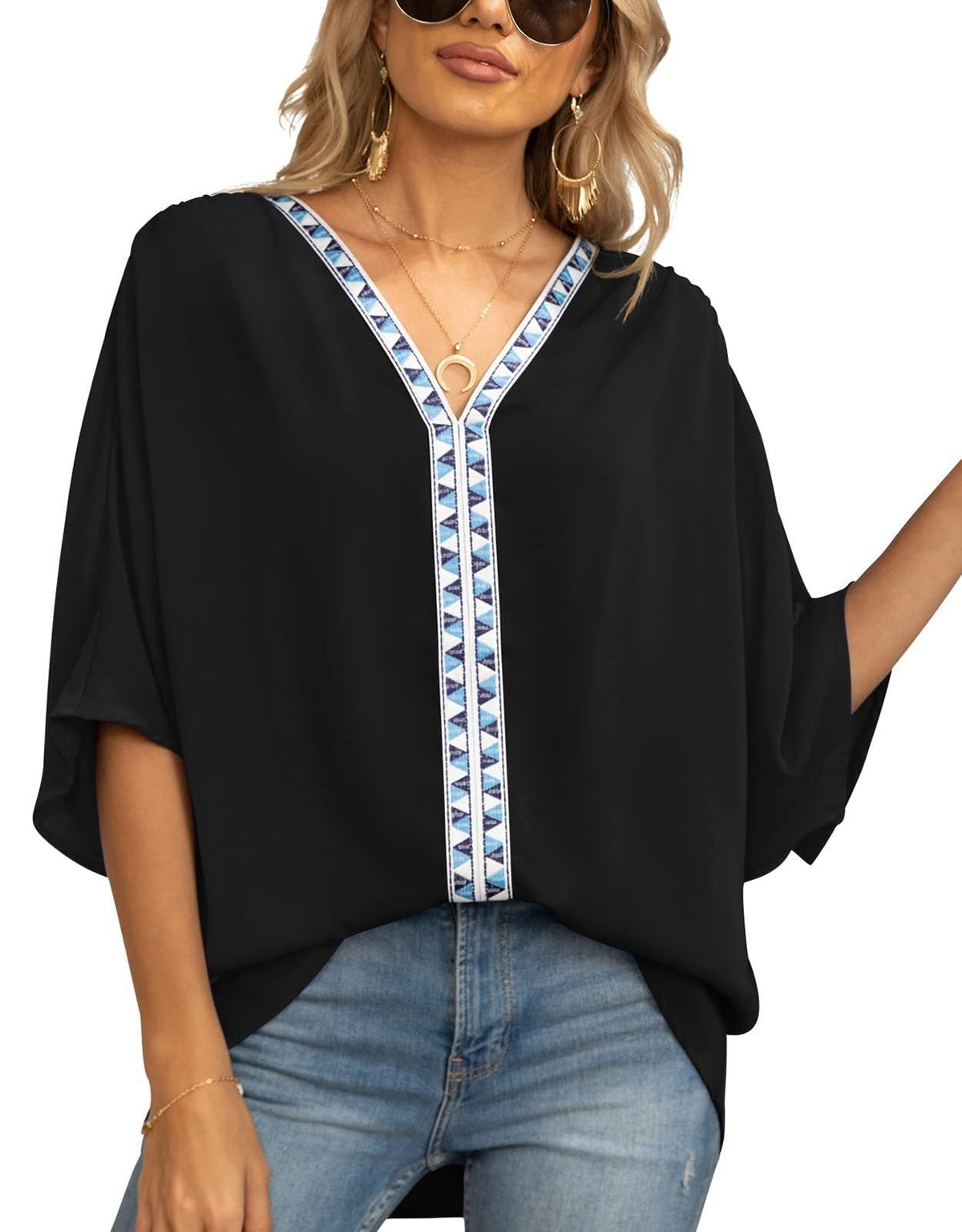 Women's Relaxed V-Neck Geometric Trim Oversized Tunic Top