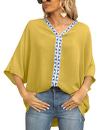 Women's Relaxed V-Neck Geometric Trim Oversized Tunic Top