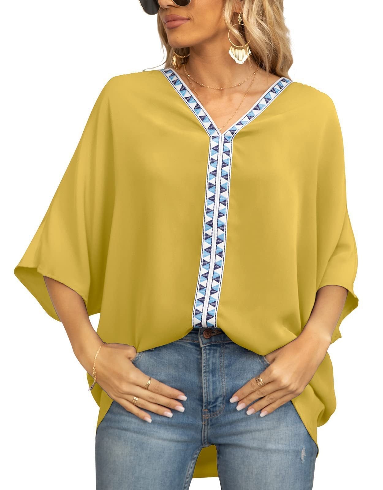 Women's Relaxed V-Neck Geometric Trim Oversized Tunic Top