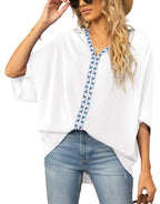 Women's Relaxed V-Neck Geometric Trim Oversized Tunic Top