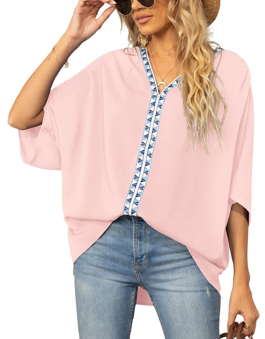 Women's Relaxed V-Neck Geometric Trim Oversized Tunic Top