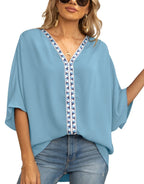 Women's Relaxed V-Neck Geometric Trim Oversized Tunic Top