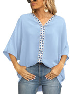 Women's Relaxed V-Neck Geometric Trim Oversized Tunic Top