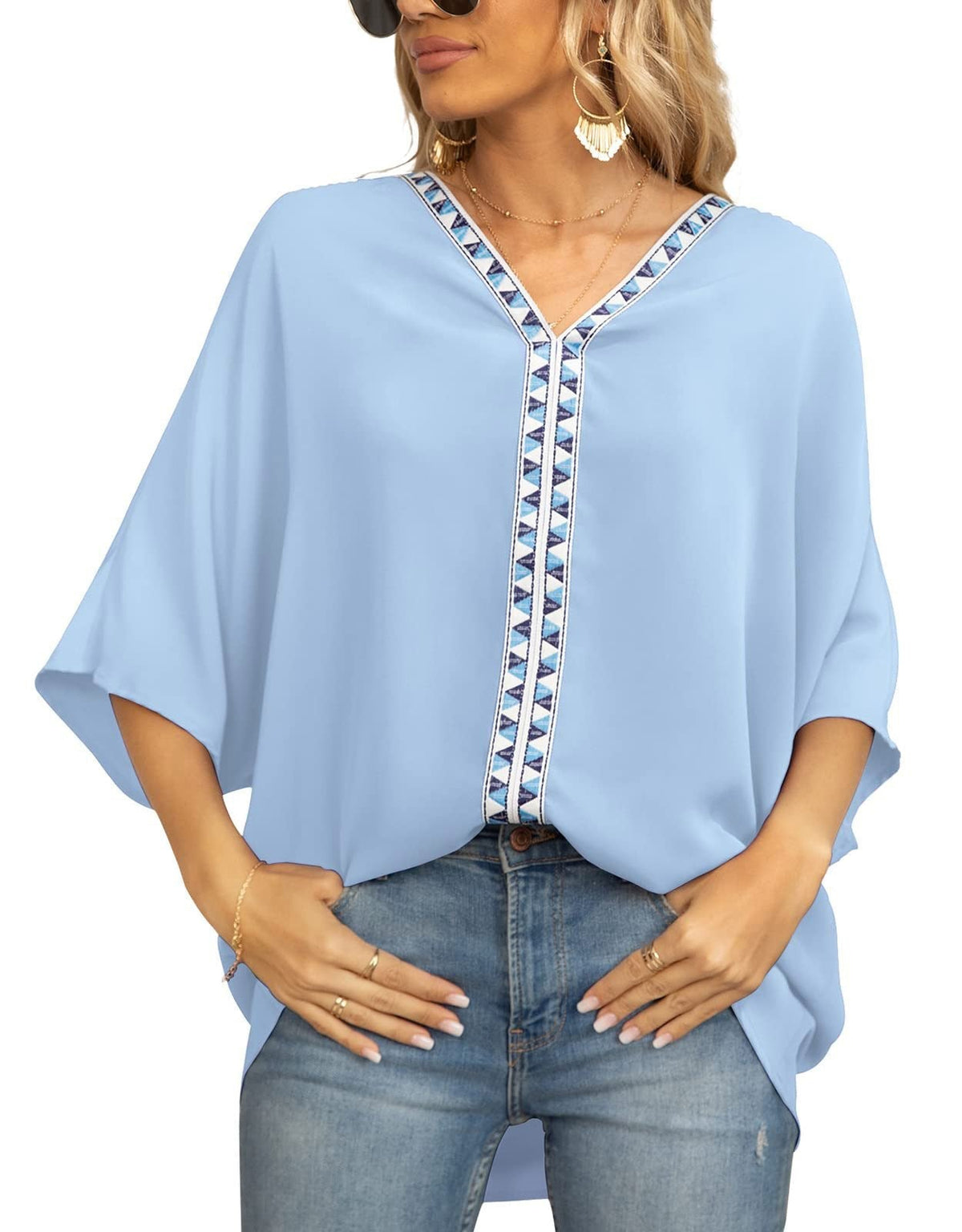 Women's Relaxed V-Neck Geometric Trim Oversized Tunic Top