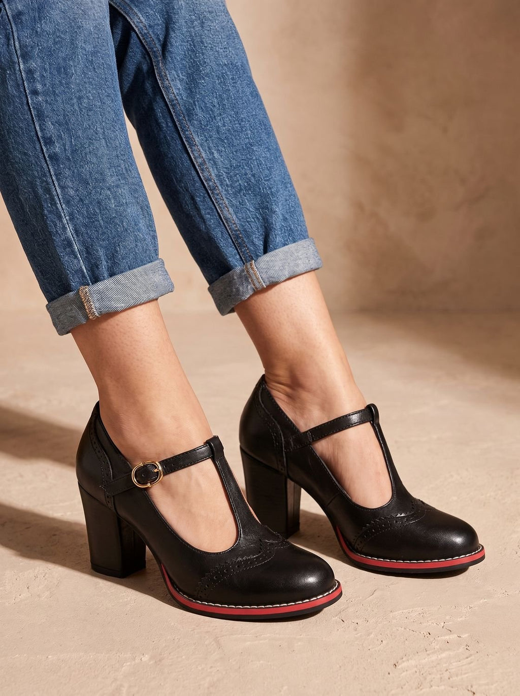 Women's Wingtip Brogue Heels with T-Bar Strap and Red Sole - Black