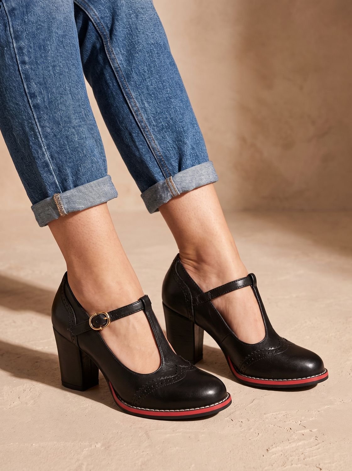 Women's Wingtip Brogue Heels with T-Bar Strap and Red Sole - Black