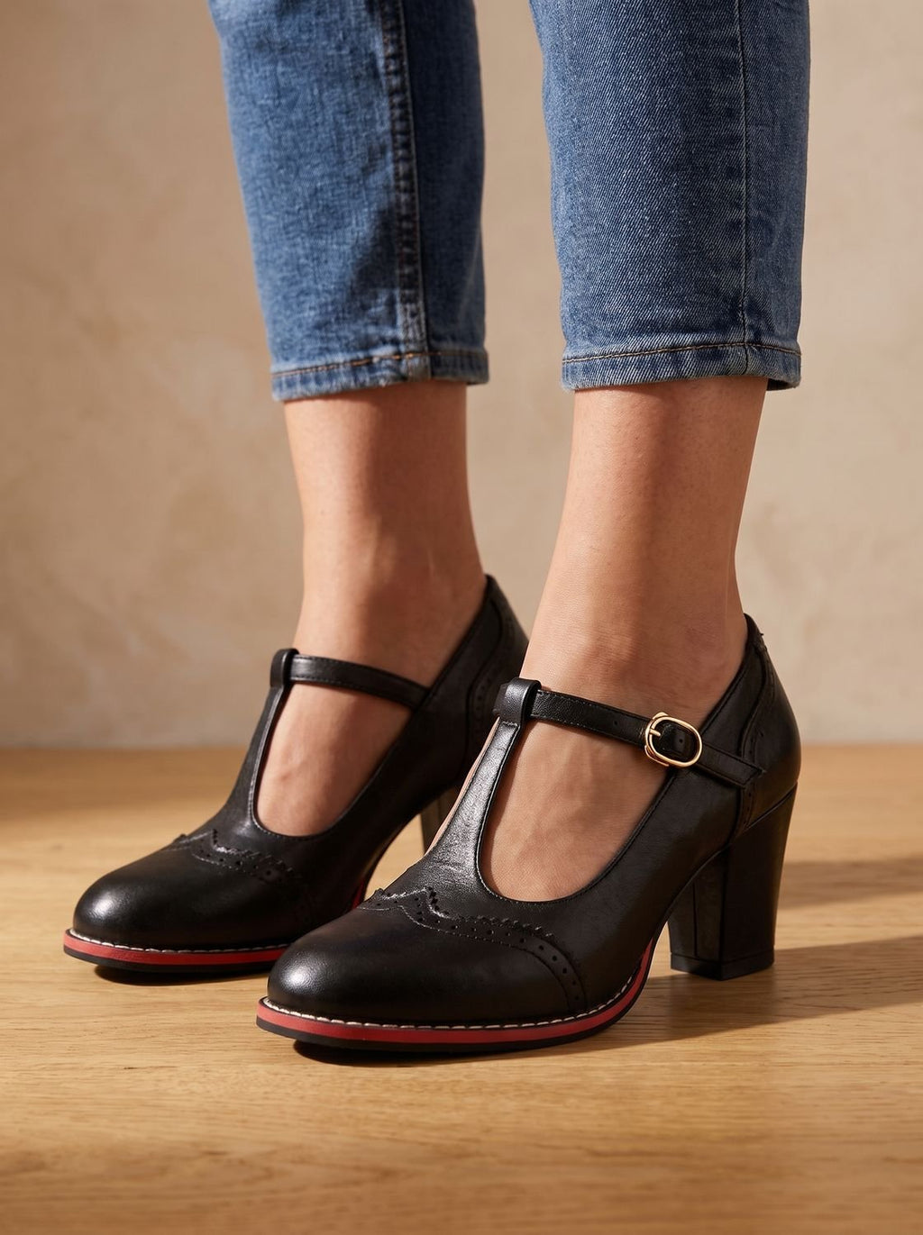 Women's Wingtip Brogue Heels with T-Bar Strap and Red Sole