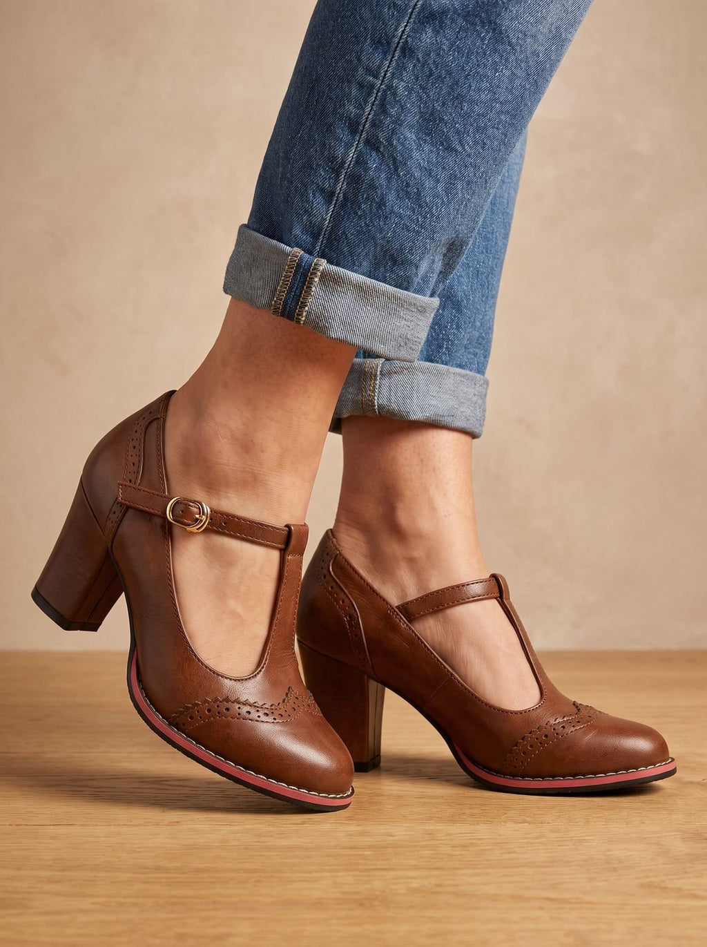 Women's Wingtip Brogue Heels with T-Bar Strap and Red Sole