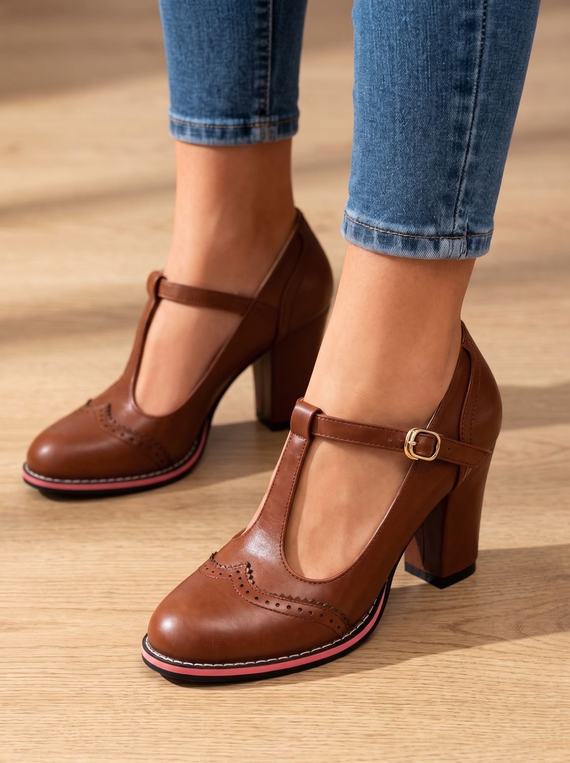 Women's Wingtip Brogue Heels with T-Bar Strap and Red Sole - Brown