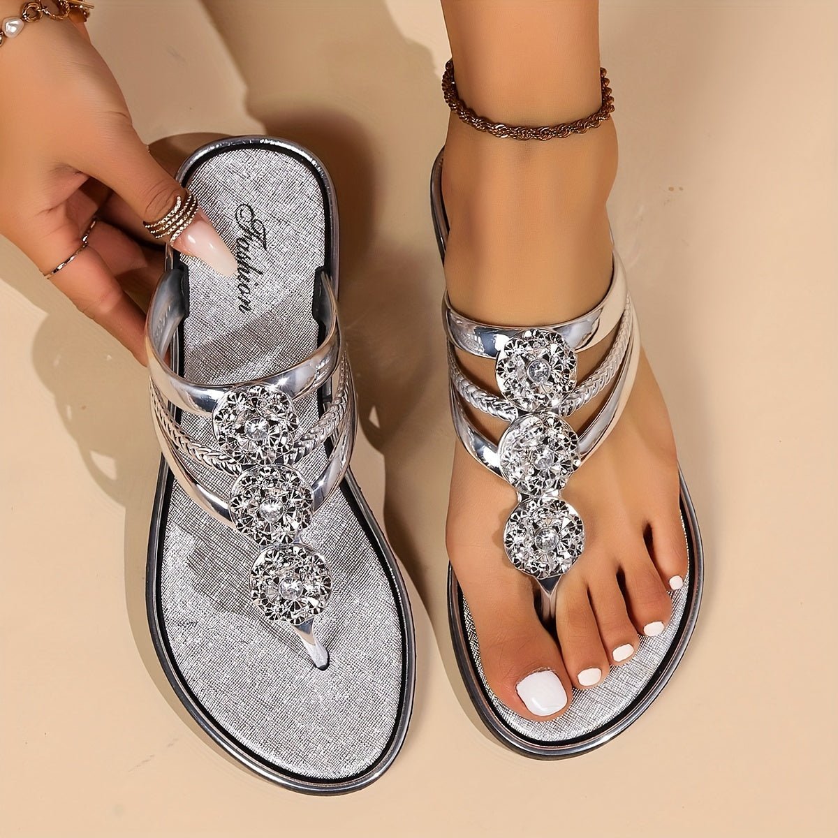 Women's Rhinestone T-Strap Flat Sandals Slip-On