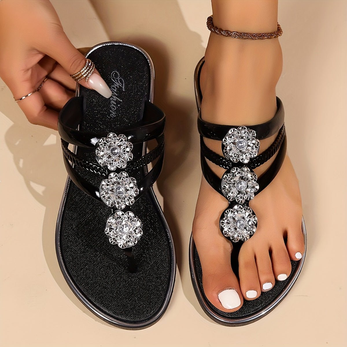 Women's Rhinestone T-Strap Flat Sandals Slip-On
