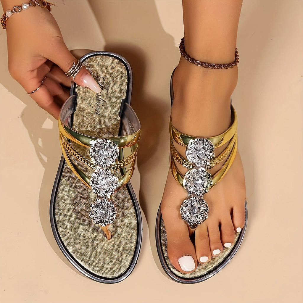 Women's Rhinestone T-Strap Flat Sandals Slip-On