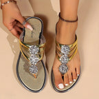 Women's Rhinestone T-Strap Flat Sandals Slip-On