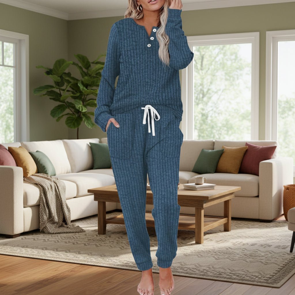 Women's Ribbed Pocket Jogger Set with Long-Sleeve Henley - Navy Blue