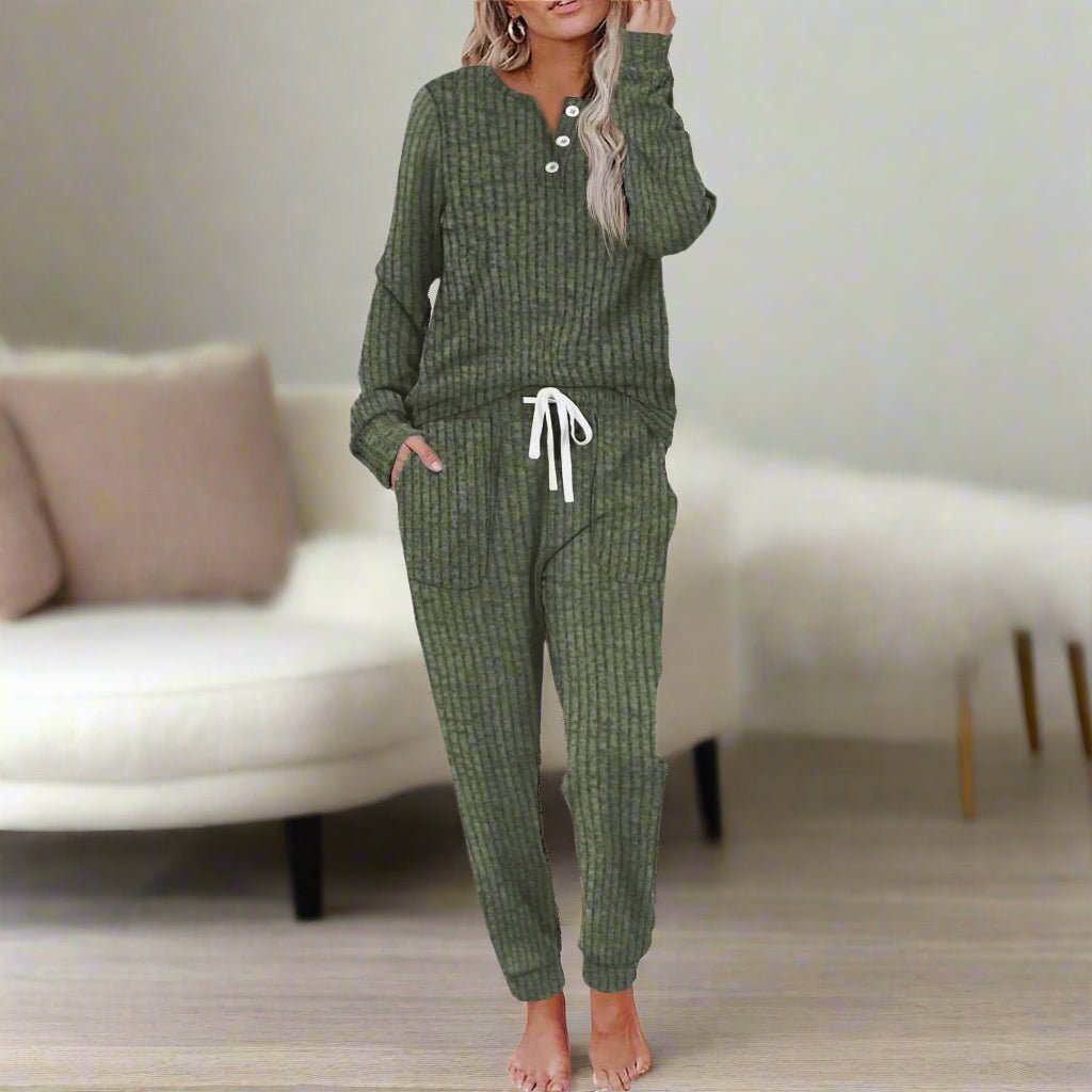 Women's Ribbed Pocket Jogger Set with Long-Sleeve Henley - Olive Green