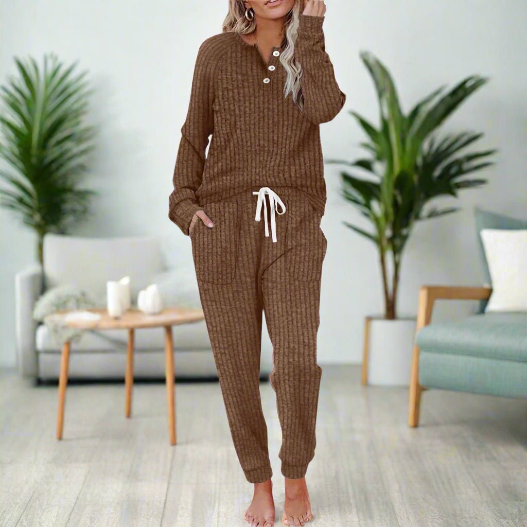 Women's Ribbed Pocket Jogger Set with Long-Sleeve Henley - Brown