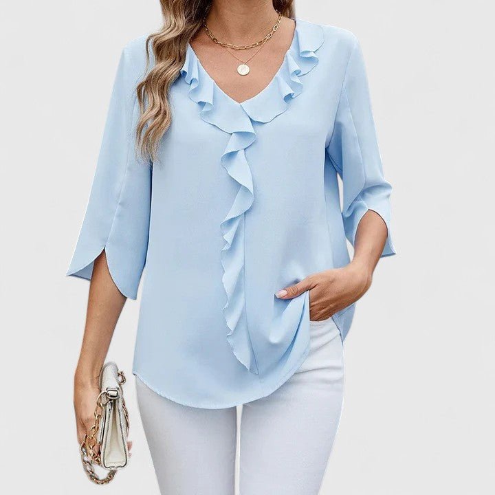 Women's Ruffle V-Neck Half-Sleeve Chiffon Blouse