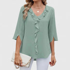 Women's Ruffle V-Neck Half-Sleeve Chiffon Blouse