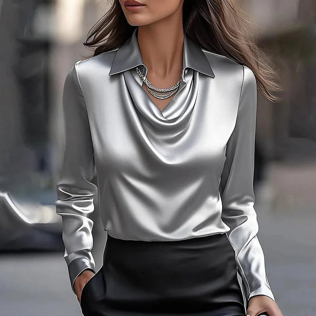 Women's Satin Cowl-Neck Long-Sleeve Blouse Collared Top