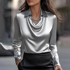 Women's Satin Cowl-Neck Long-Sleeve Blouse Collared Top