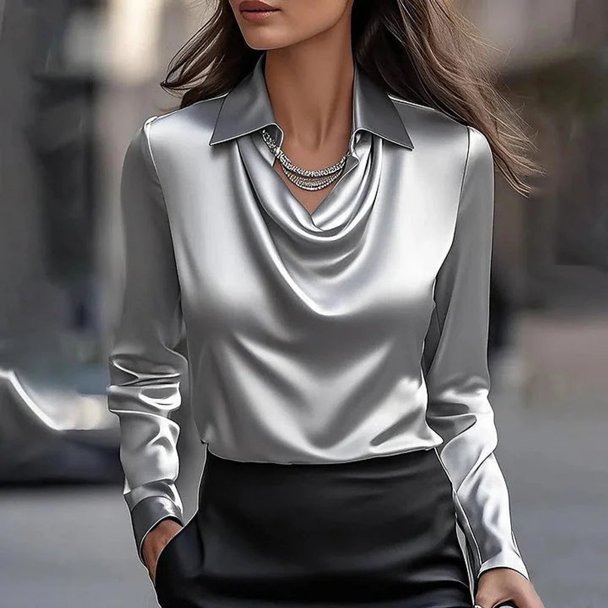 Women's Satin Cowl-Neck Long-Sleeve Blouse Collared Top
