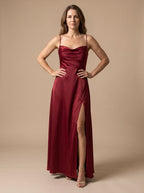 Women's Satin Cowl-Neck Sleeveless Maxi Dress High Slit