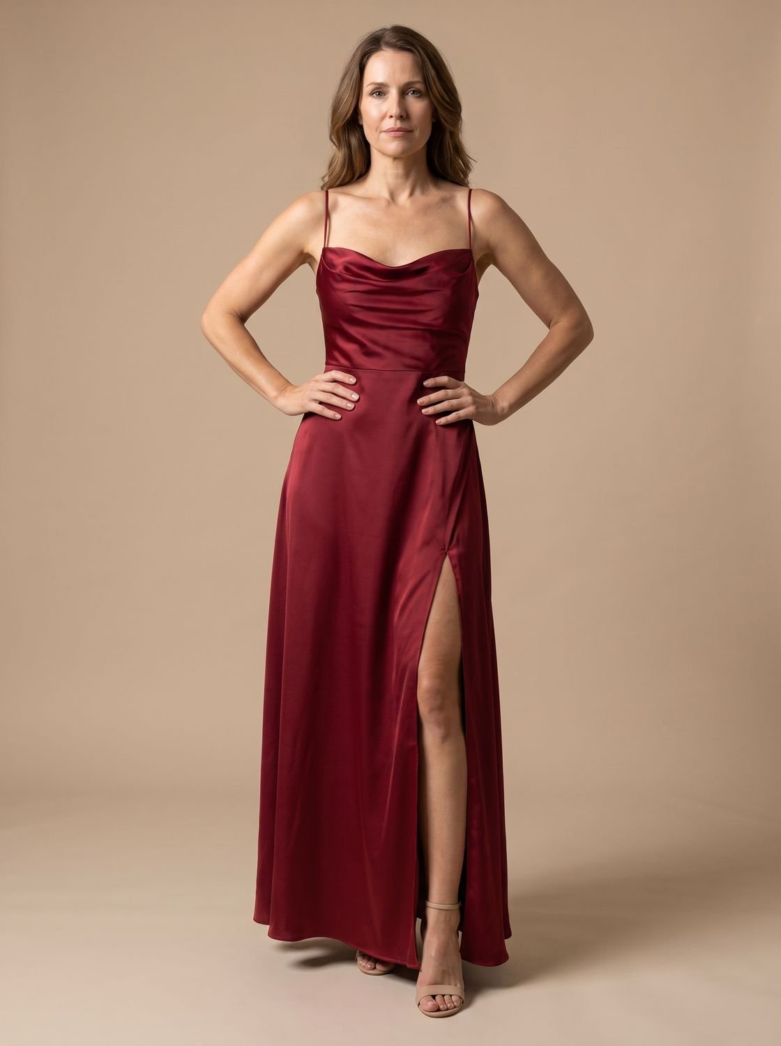 Women's Satin Cowl-Neck Sleeveless Maxi Dress High Slit
