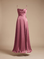 Women's Satin Cowl-Neck Sleeveless Maxi Dress High Slit
