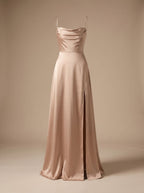 Women's Satin Cowl-Neck Sleeveless Maxi Dress High Slit