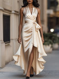 Women's Satin Halter Cocktail Party Dress High-Low Ruffle Wrap