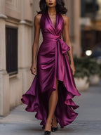 Women's Satin Halter Cocktail Party Dress High-Low Ruffle Wrap